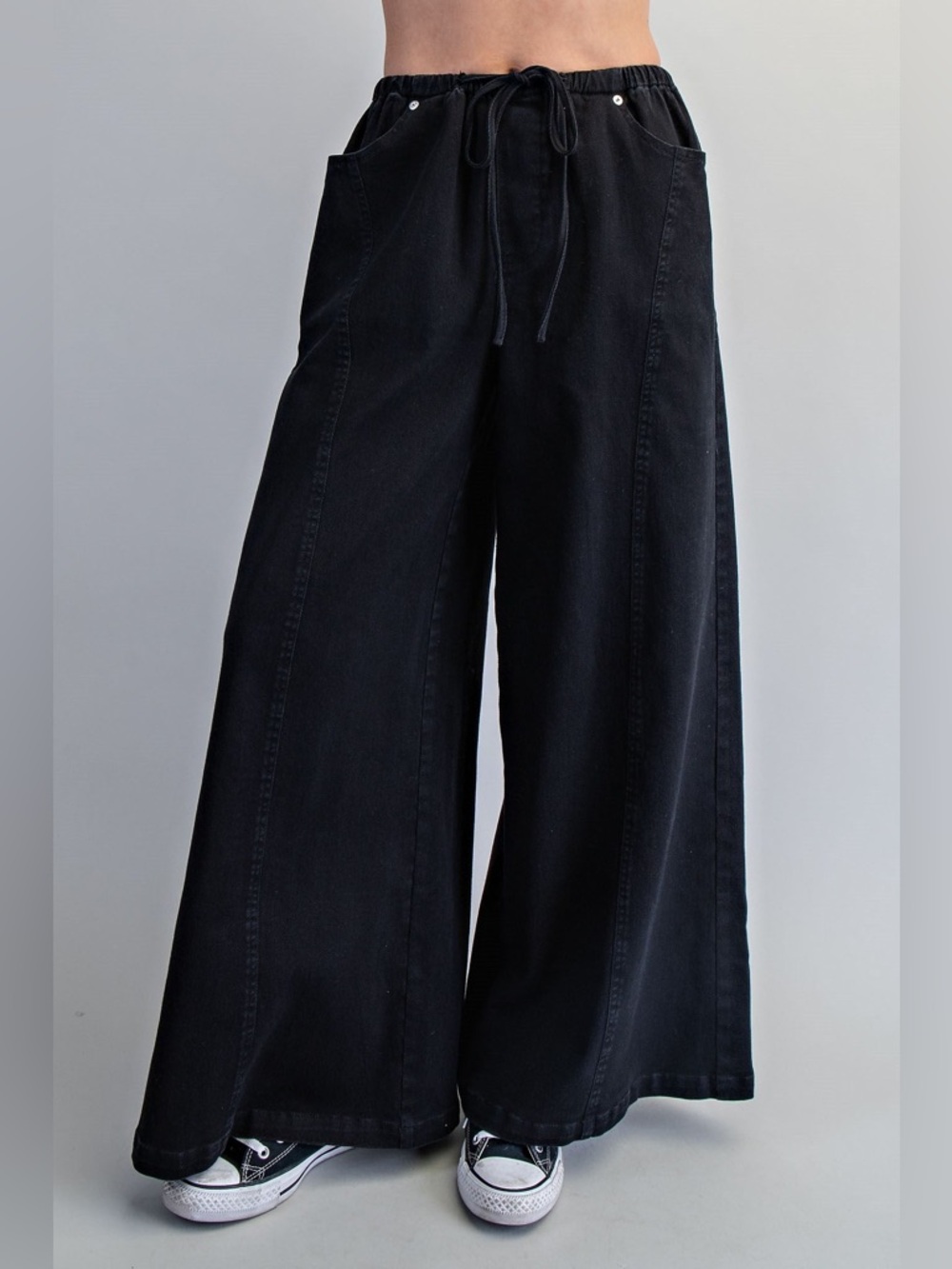 Wide Leg Slouchy Drawstring Waist Denim Pants - eesome
